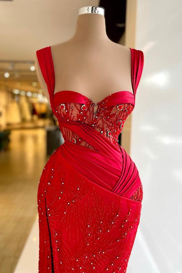 Sexy Long Mermaid Sweetheart Sleeveless Satin Lace Prom Dresses with Slit
