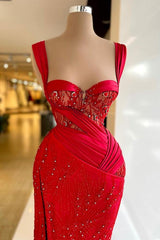 Sexy Long Mermaid Sweetheart Sleeveless Satin Lace Prom Dresses with Slit