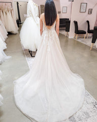 Elegant Long A-line V-neck Lace Tulle Backless Wedding Dresses