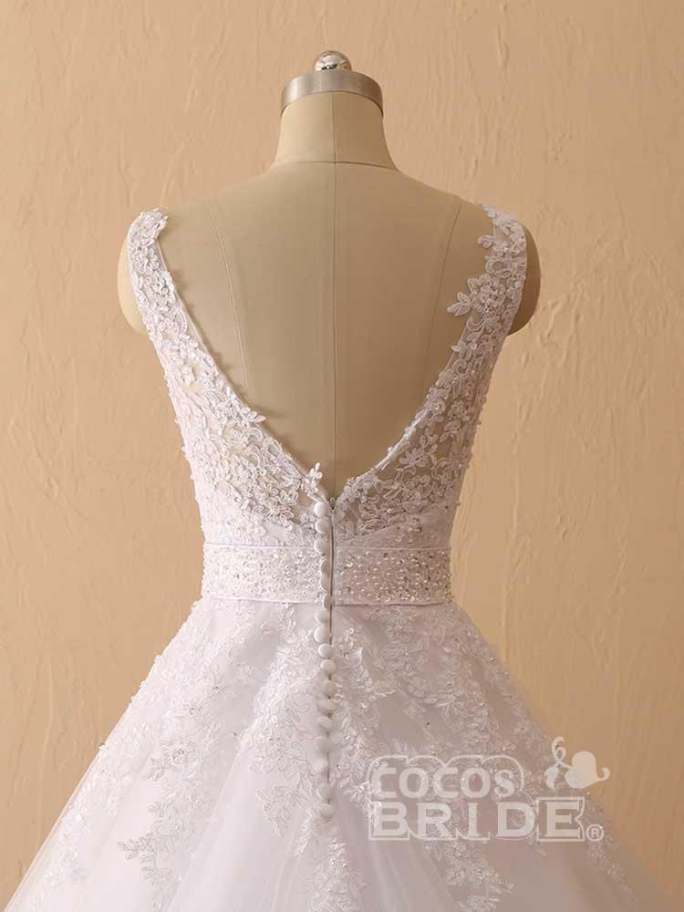 Gorgeous Long Ball Gown Tulle Lace V-Neck Backless Wedding Dresses