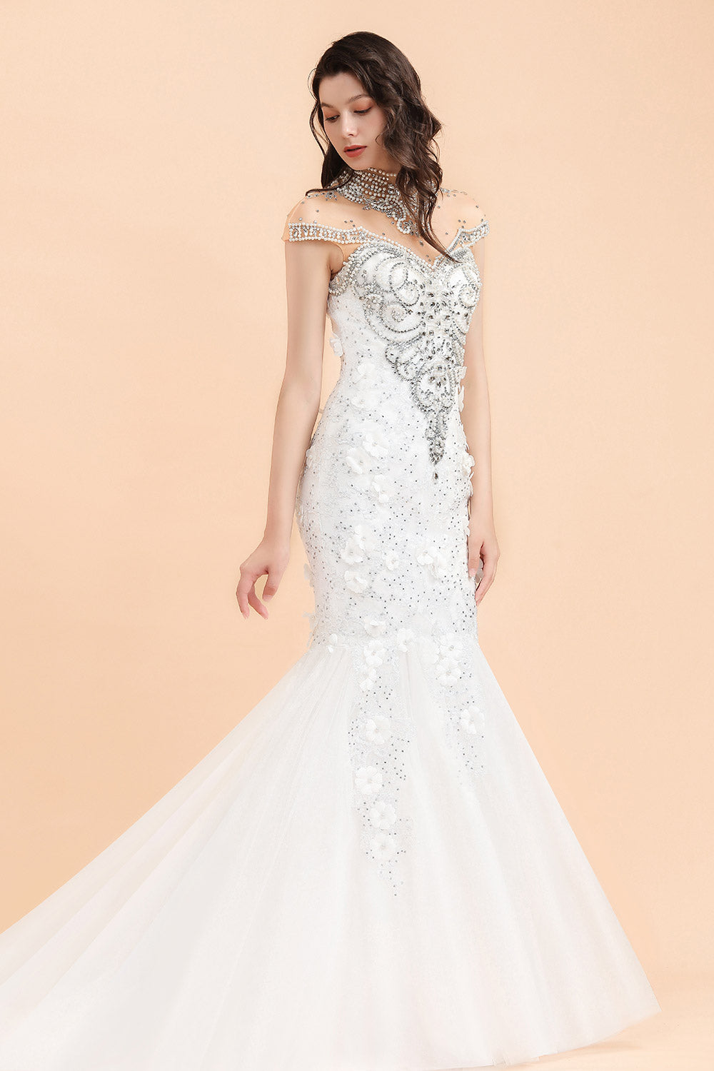 Long Appliques Beads Tulle Mermaid Wedding Dress