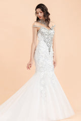 Long Appliques Beads Tulle Mermaid Wedding Dress
