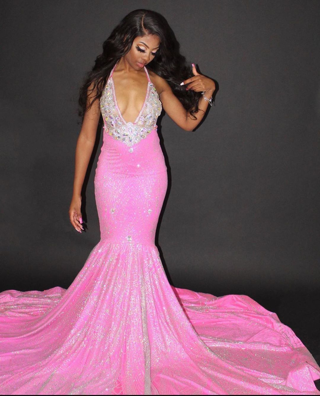 Sparkly Long Halter Deep V-neck Sequins Backless Mermaid Prom Dress