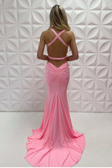 Simple Mermaid Spaghetti Straps V-Neck Backless Long Satin Prom Dress