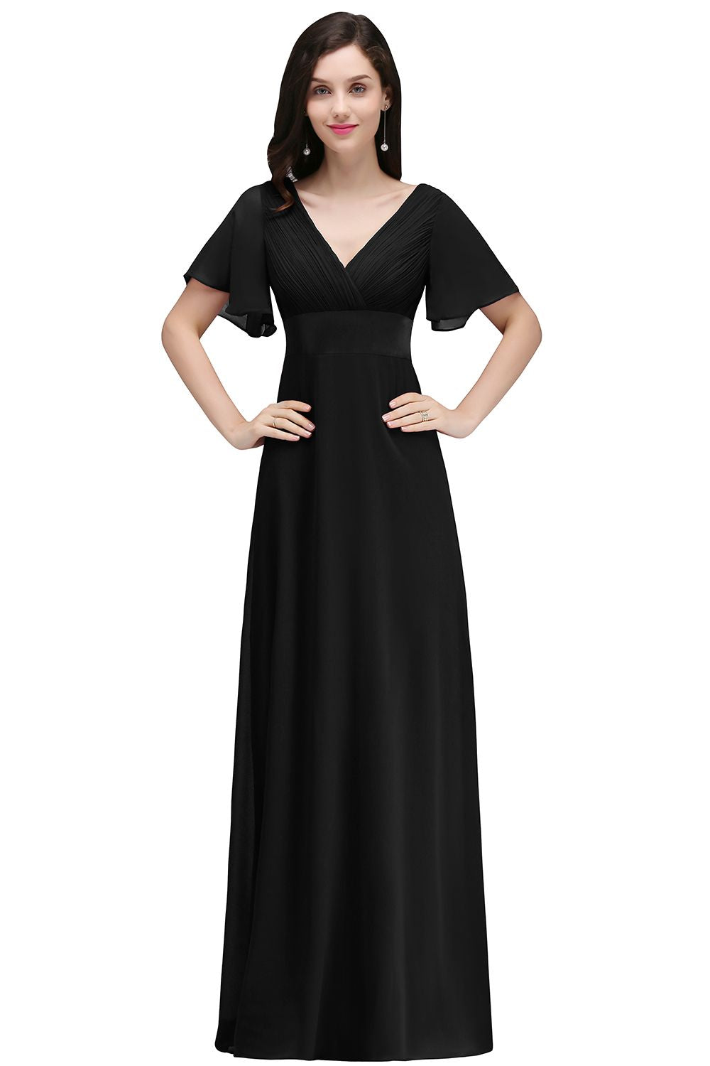 A-line Ruffle Chiffon V-Neck Long Bridesmaid Dress with Sleeves