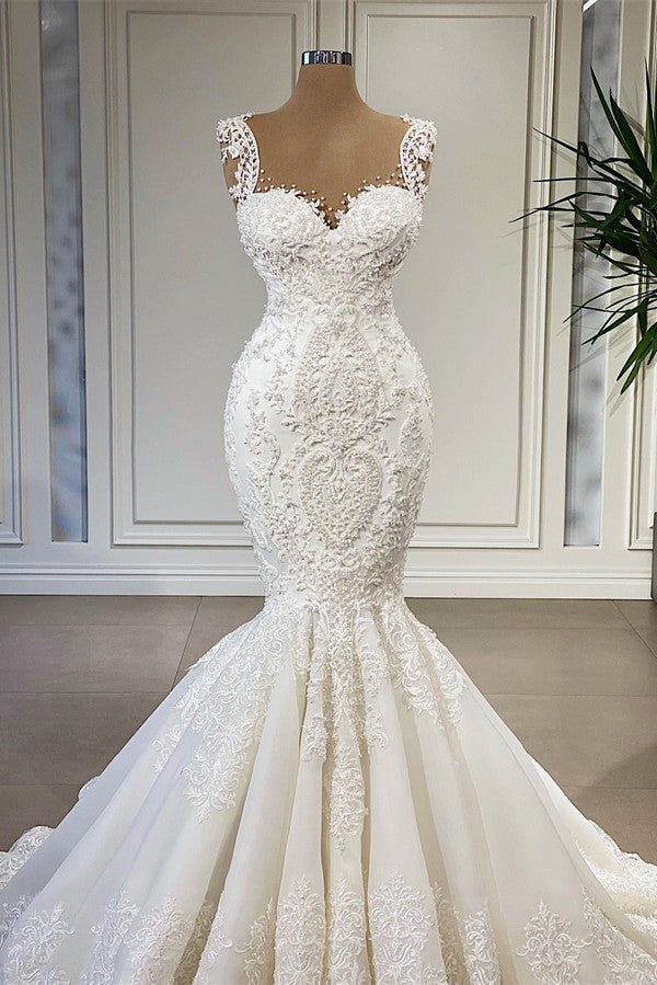 Gorgeous Long Mermaid Sweetheart Ruffles Lace Wedding Dress