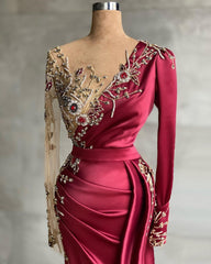 Mermaid Long Sleeves V-neck Satin Formal Evening Dress with Side Sweep Train