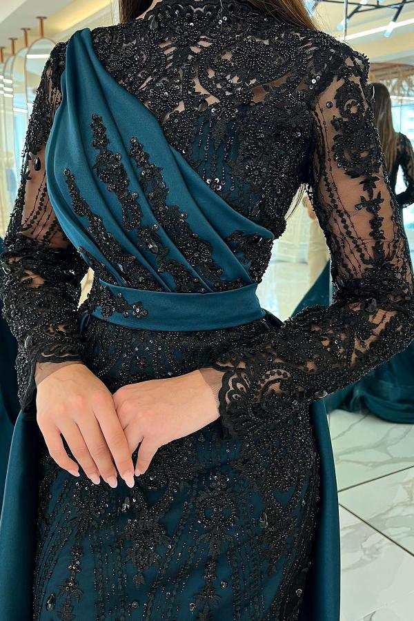 Long Sleeves Mermaid Satin High Neck Sequins Evening Dresses with Sweep Train