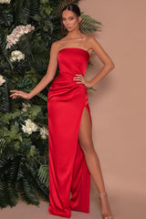 Sexy Long Mermaid Strapless Satin Formal Prom Dress with Slit