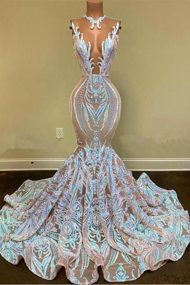 Elegant Sparkly Long Mermaid Glitter Floral Lace Prom Dresses