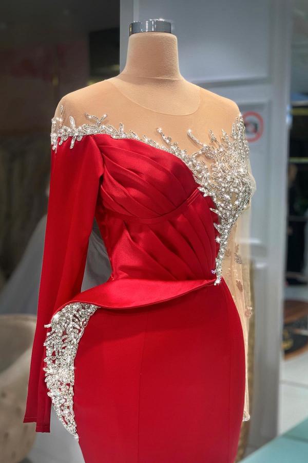 Long Red Mermaid Jewel Neck Satin Beading Prom Dress with Sleeves