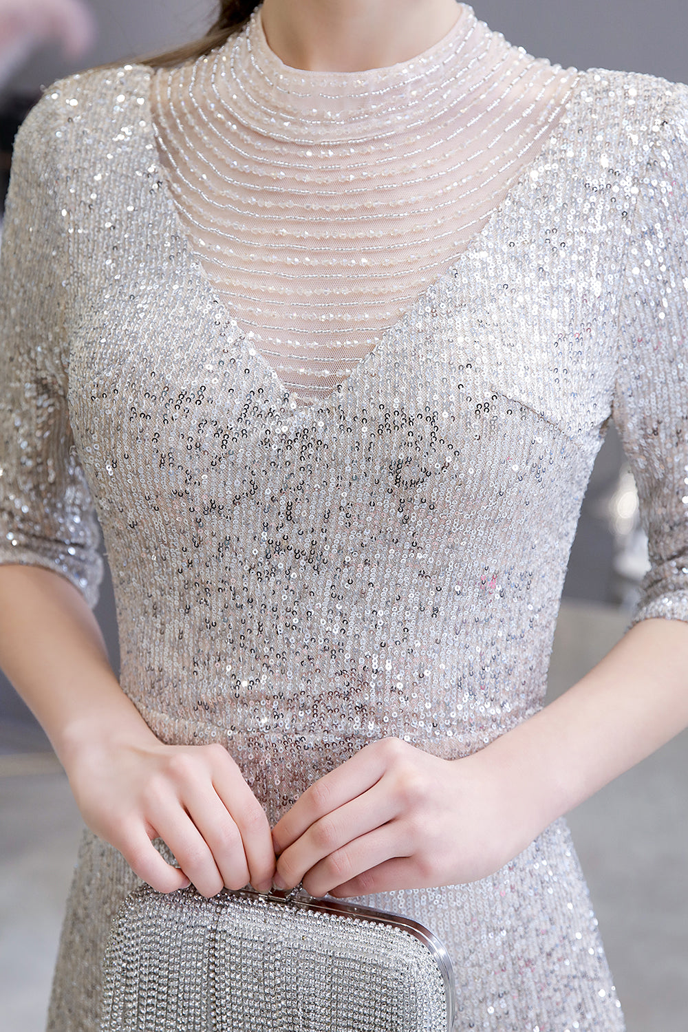 Gorgeous Silver Mermaid Long Formal Dresses with Sleeves