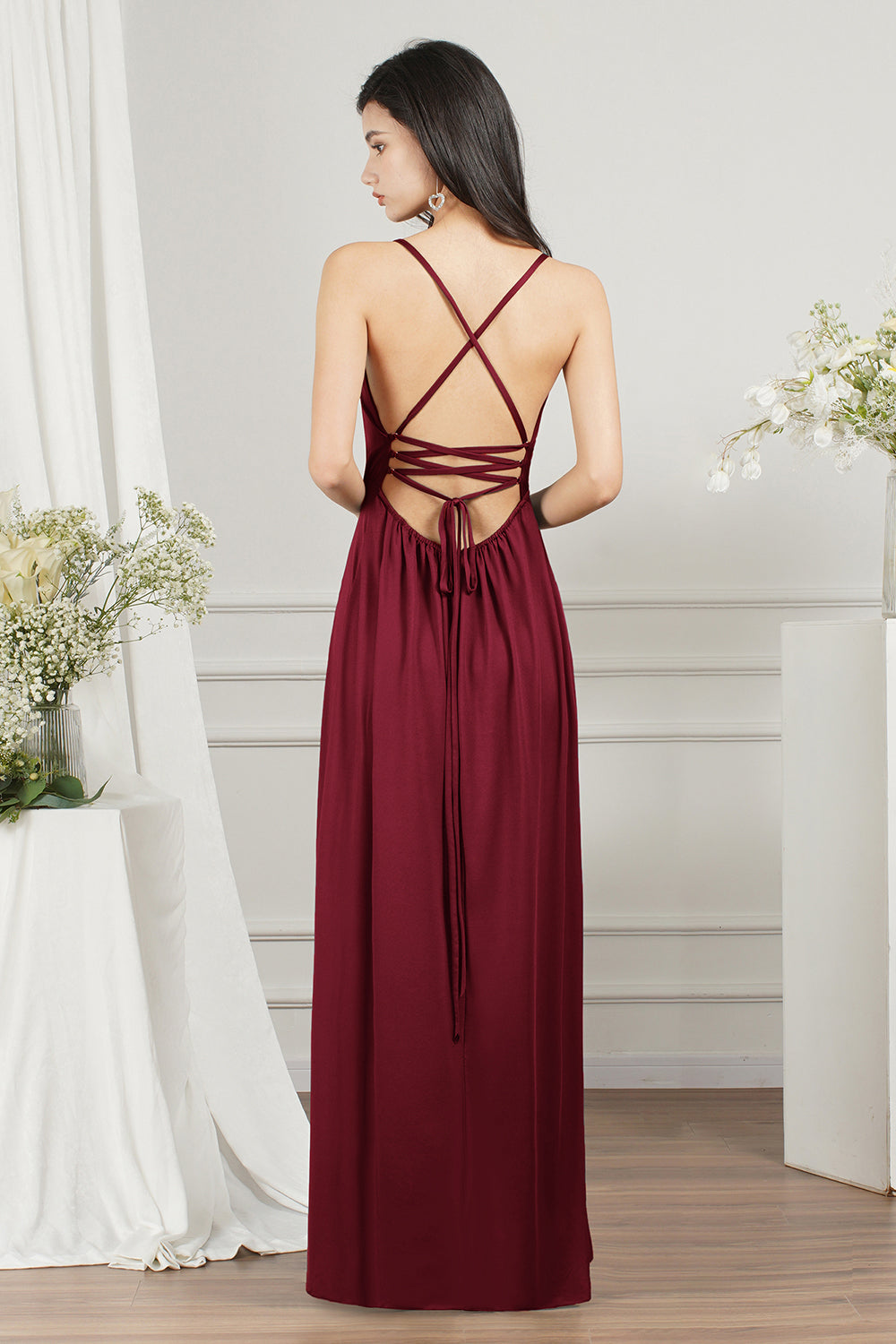 Simple A-line V-neck Backless Floor Length Formal Dress With Split