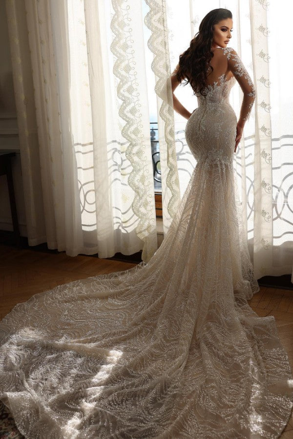 Long Mermaid Sweetheart Tulle Lace Wedding Dresses with Sleeves