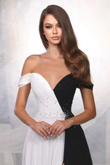 Sexy Long A-line V-Neck Off the Shoulder Chiffon Prom Dresses with Slit