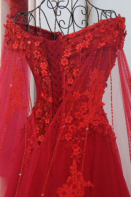 Charming Long Off the Shoulder Appliques Beading Tulle A-Line Prom Dress