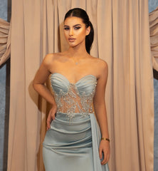 Long Mermaid Sweetheart Satin Front Slit Formal Prom Dress with Half Shawl