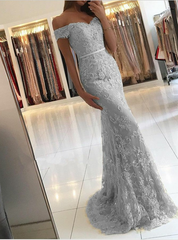 Long Off the Shoulder Floor Length Tulle Lace Mermaid Prom Dress