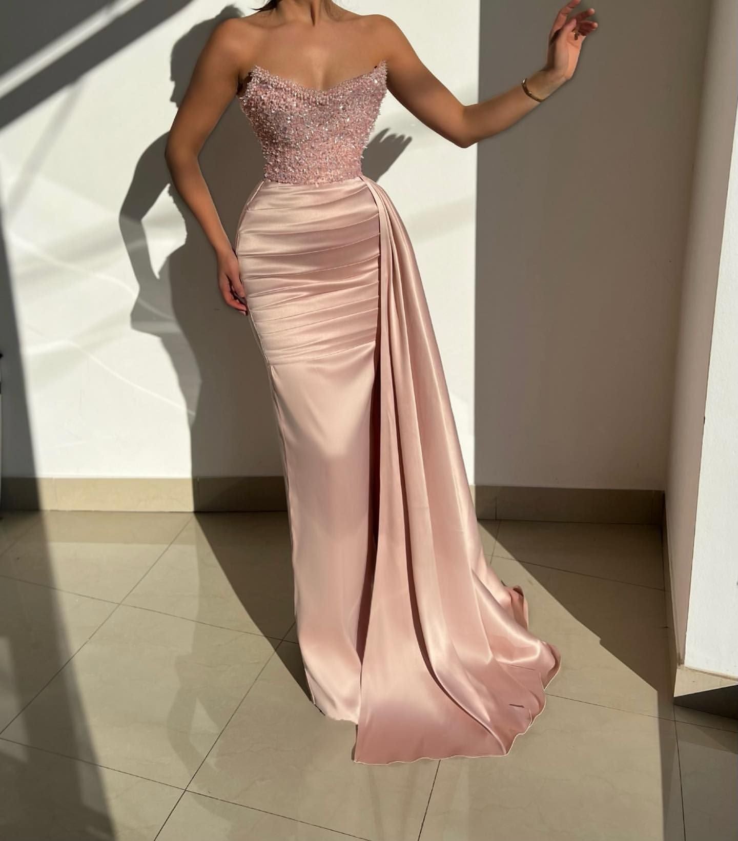 Charming Long Mermaid Strapless Ruffles Sequined Satin Prom Dress