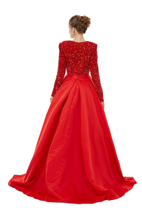 Charming Long Sleeves A-line V-neck Satin Beading Formal Dress With Slit