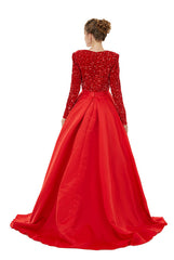 Charming Long Sleeves A-line V-neck Satin Beading Formal Dress With Slit