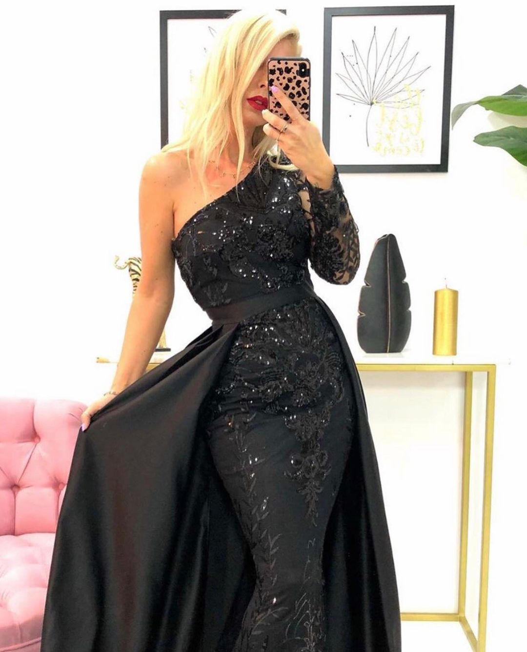 Black Mermaid One Shoulder Long Sleeve Appliques Lace Sequins Satin Prom Dress