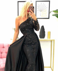 Black Mermaid One Shoulder Long Sleeve Appliques Lace Sequins Satin Prom Dress