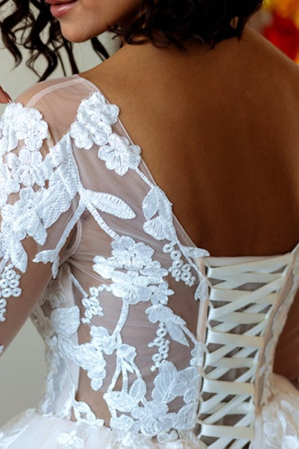 Long Lace-up Appliques Tulle Ball Gown Wedding Dress with Sleeves