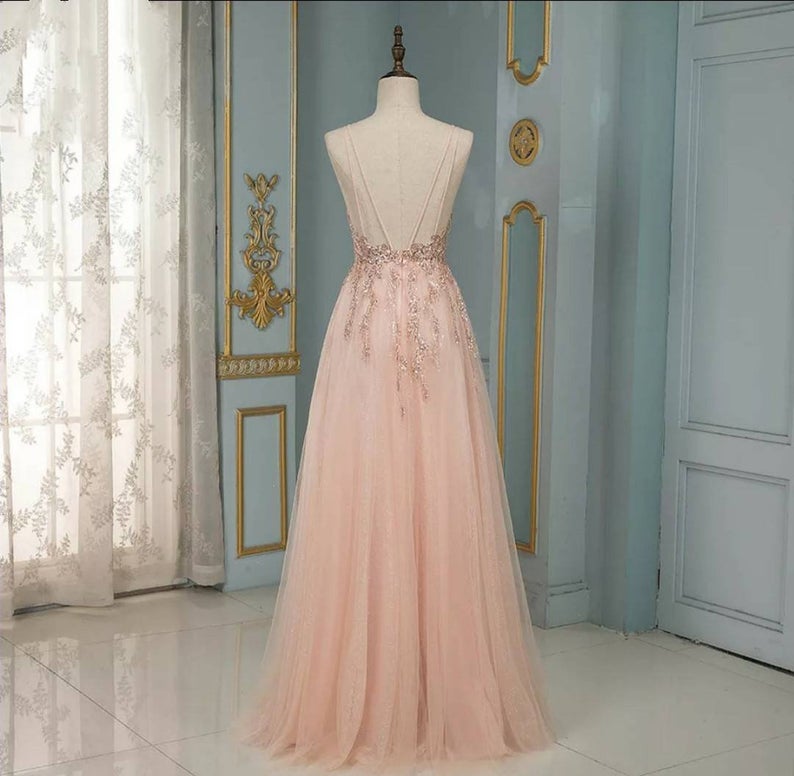 Long A-line V-neck Spaghetti Straps Backless Sequins Ruffles Tulle Prom Dress