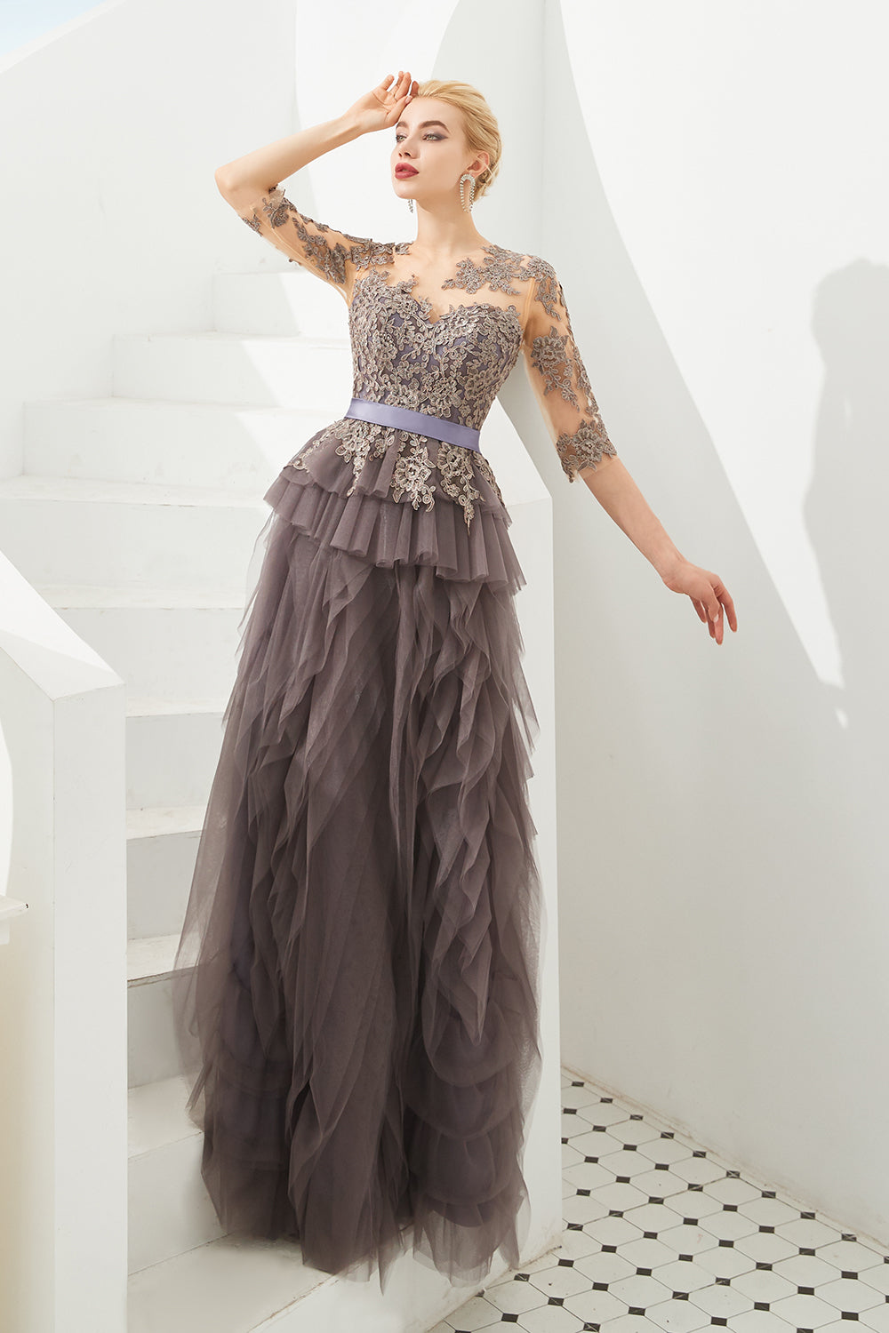 Fabulous Long A-line Jewel Tulle Lace Tulle Prom Dress with Sleeves