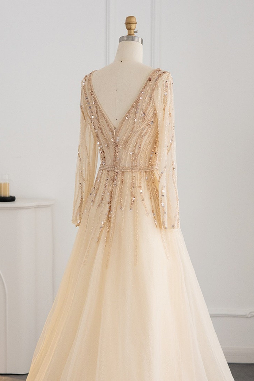 Long A-line V-neck Sequins Beading Tulle Formal Prom Dresses with Sleeves