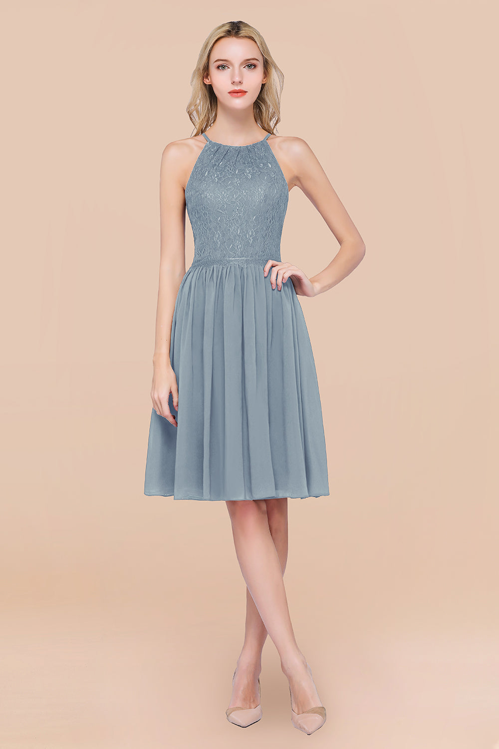 A-line Chiffon Lace Jewel Sleeveless Knee-Length Bridesmaid Dresses with Ruffles