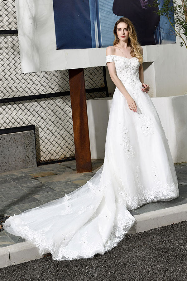 Gorgeous Long A-Line Lace Off Shoulder Satin Wedding Dress