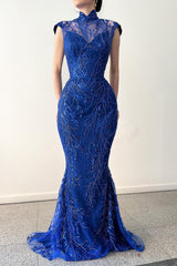 Long Mermaid High Neck Satin Tulle Lace Formal Evening Dresses