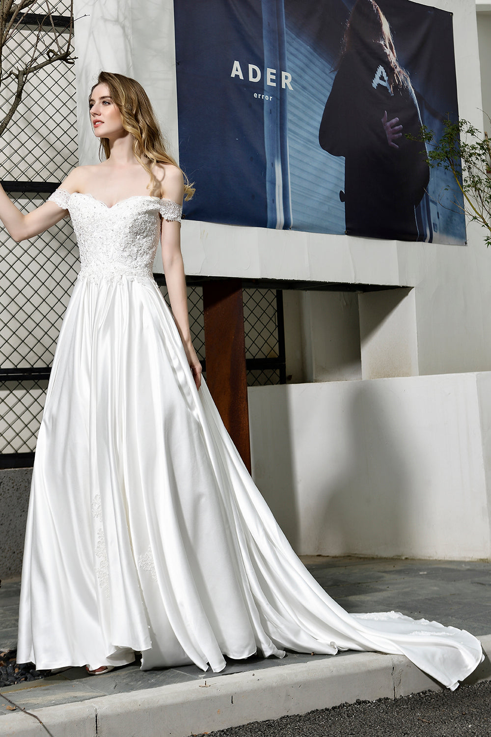 Elegant Long A-line Off the Shoulder Lace Satin Wedding Dresses