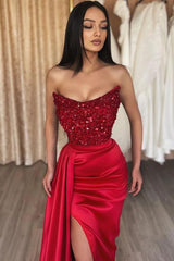 Elegant Long Mermaid Satin Beadings Prom Dresses with Slit