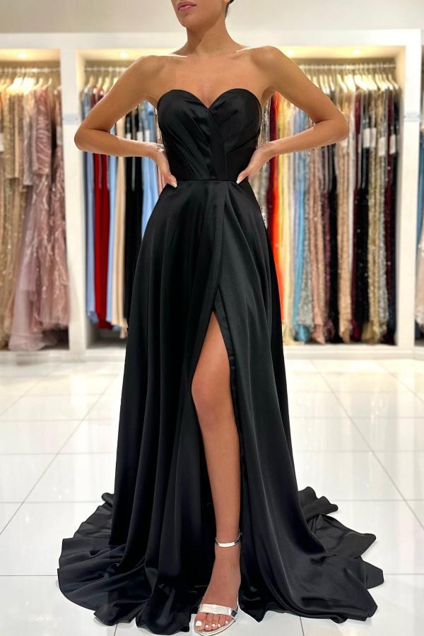Simple Black Long A-line Sweetheart Satin Prom Dress with Slit