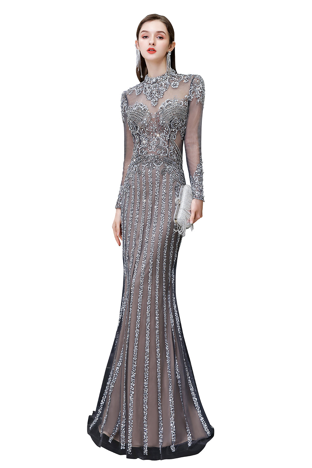 Long Sleeve Mermaid Sequins High-Neck Evening Dress