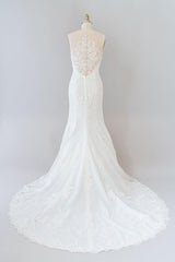 Long Tulle Lace Illusion Appliques Mermaid Wedding Dress