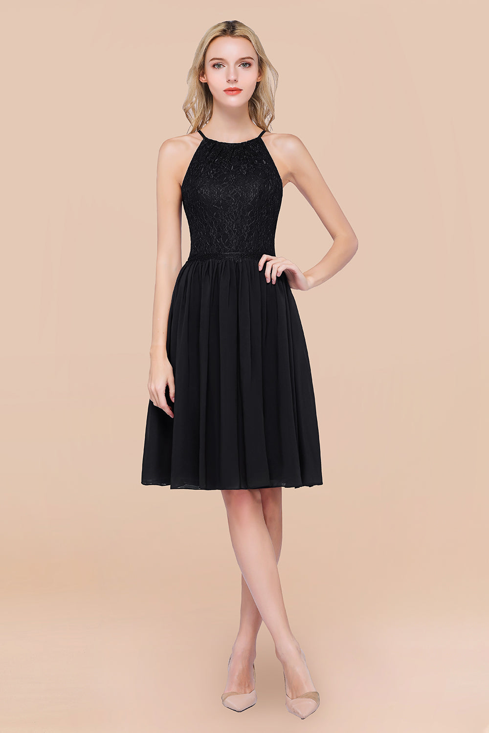 A-line Chiffon Lace Jewel Sleeveless Knee-Length Bridesmaid Dresses with Ruffles