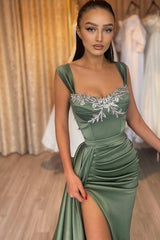 Long Mermaid Sweetheart Satin Lace Formal Prom Dresses with Slit