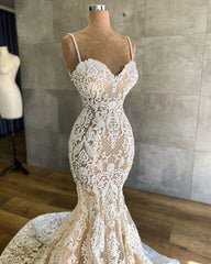 Sexy Long Sweetheart Spaghetti Straps Appliques Lace Floor Length Mermaid Wedding Dress