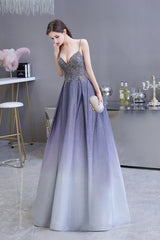 Elegant Long A-line V-neck Spaghetti Straps Appliques Beads Formal Evening Dress
