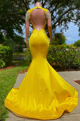 Yellow Long Mermaid Tassel Off the Shoulder Satin Backless Prom Dress with Ruffles