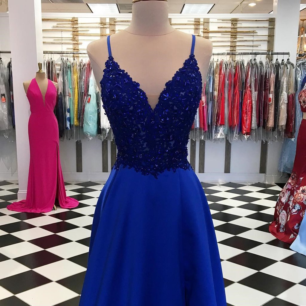 Royal Blue Long Spaghetti Straps V-neck A-Line Prom Dresses