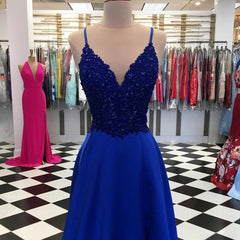 Royal Blue Long Spaghetti Straps V-neck A-Line Prom Dresses