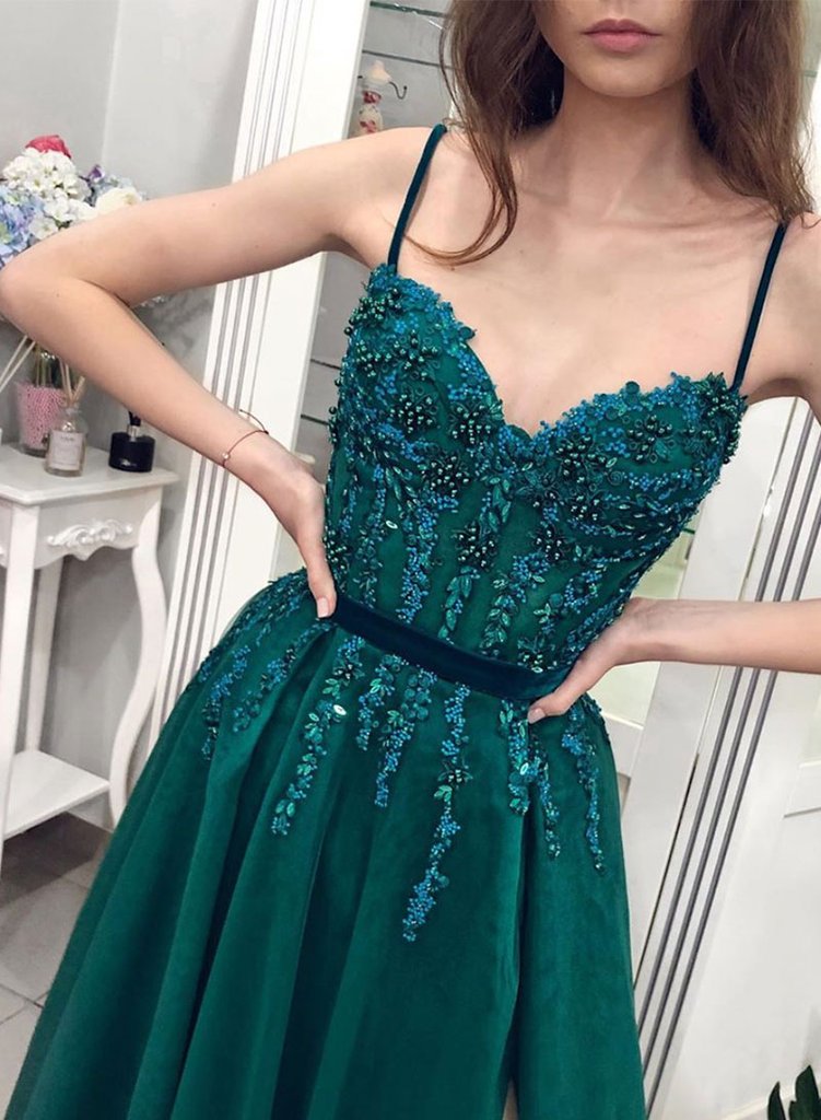 Long Sweetheart Spaghetti Straps A-line Beading Tulle Floor Length Prom Dress With Slit