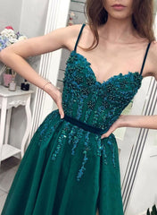 Long Sweetheart Spaghetti Straps A-line Beading Tulle Floor Length Prom Dress With Slit
