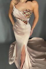 Long Mermaid Strapless Beading Satin Prom Dress with Slit