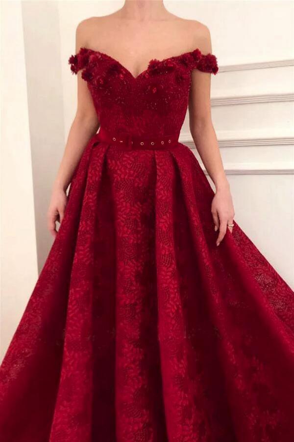 Elegant Long A-line Off the Shoulder Satin Lace Formal Prom Dress